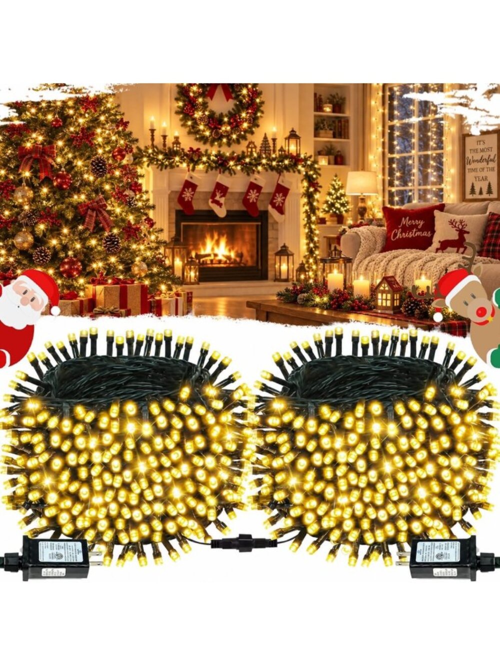 Connectable 2-Pack 164FT Warm White LED Christmas String Lights for Holiday
